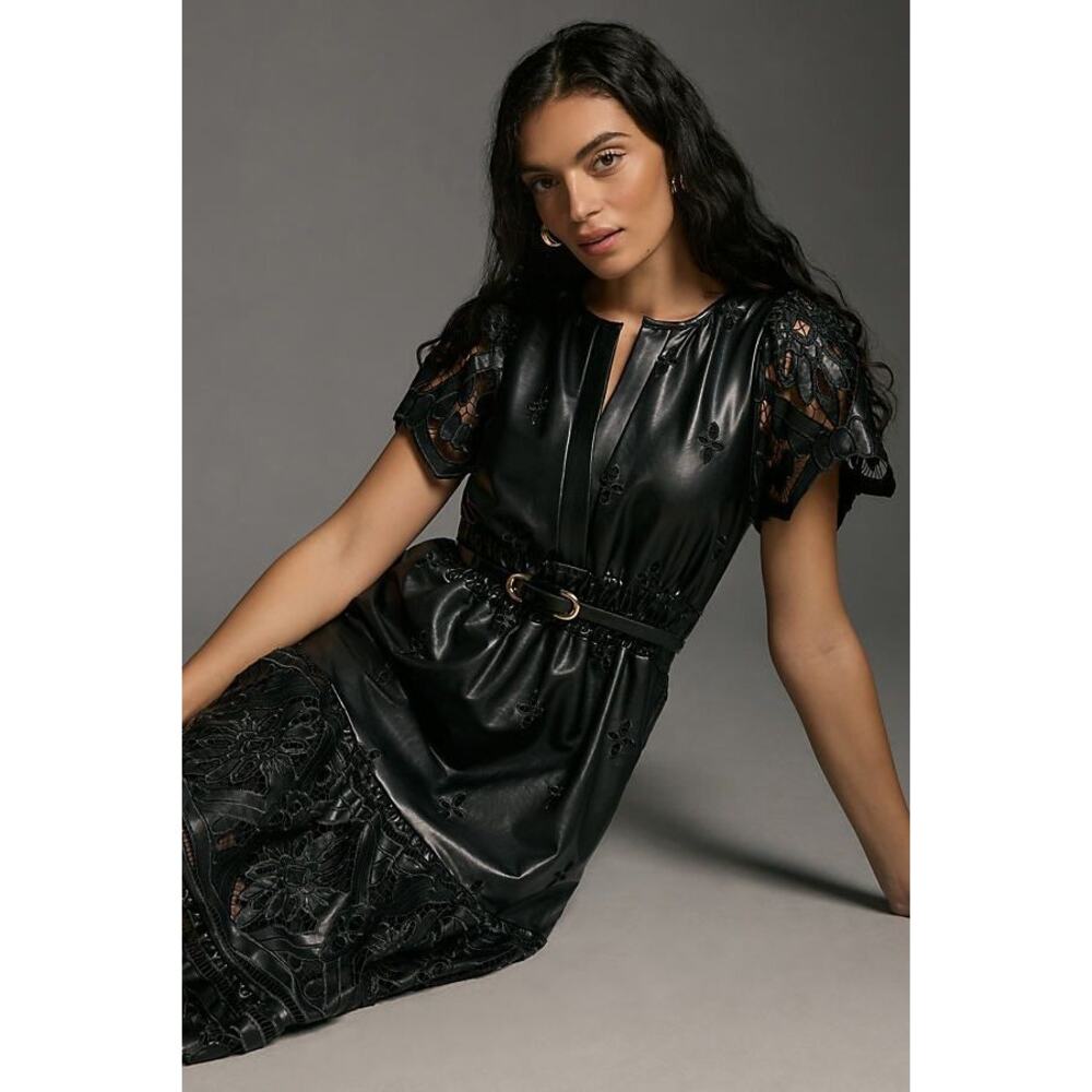 NWT Anthropologie The Somerset Maxi Dress: Faux Leather Embroidered BLACK XXS 00